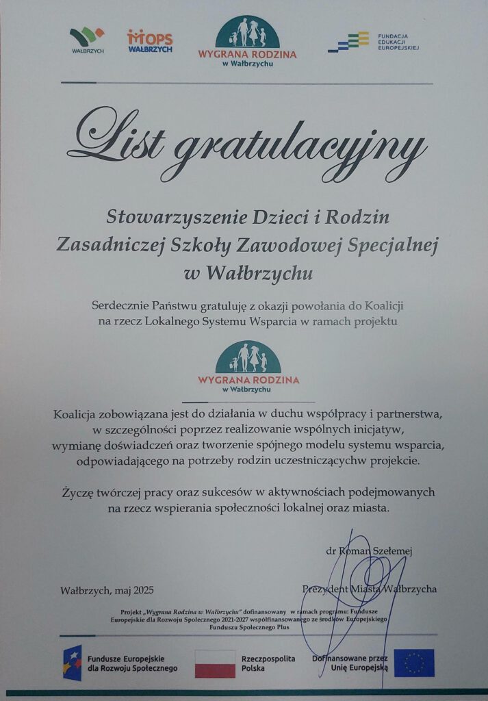 List gratulacyjny dla Stowarzyszenia z okazji powołania do Koalicji na rzecz Lokalnego Systemu Wsparcia w ramach projektu 